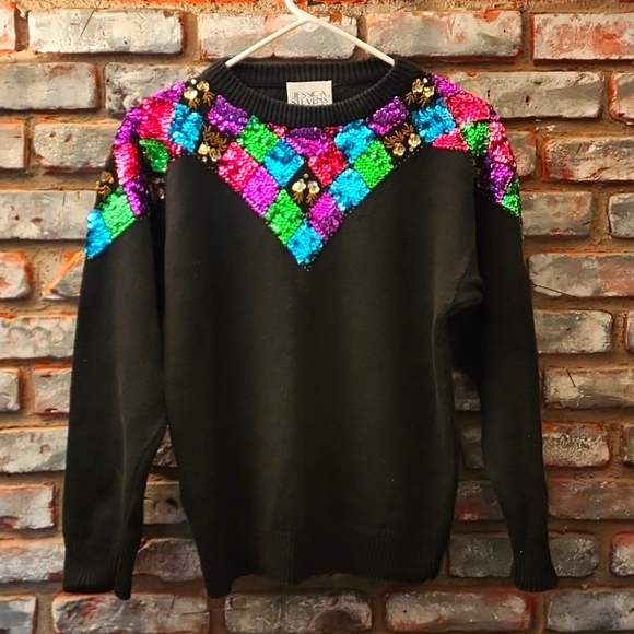 Jessica Steven's Crew Neck Sequins Long Sleeve Black Sweater Colorful - Picture 5 of 7